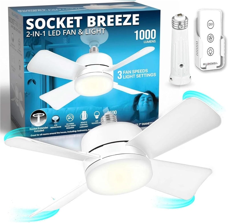BELLHOWELL Socket Breeze Modern Ceiling Fans with LED Lights, 10" LED E26/E27 Screw Base Mini Light Socket Fan with Cord for Bedroom, Living Room, Kitchen, Balcony - Image 1
